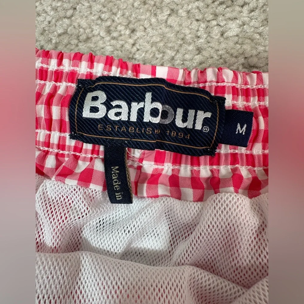 Barbour Men’s M Swim Trunks Shorts Gingham Check Reddish Pink White Beach Pool - Picture 3 of 9
